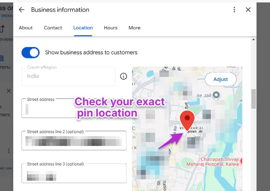 The Location tab of Business information with the address fields on the left and a map on the right, where a callout reading Check your exact pin location points at the red map pin.