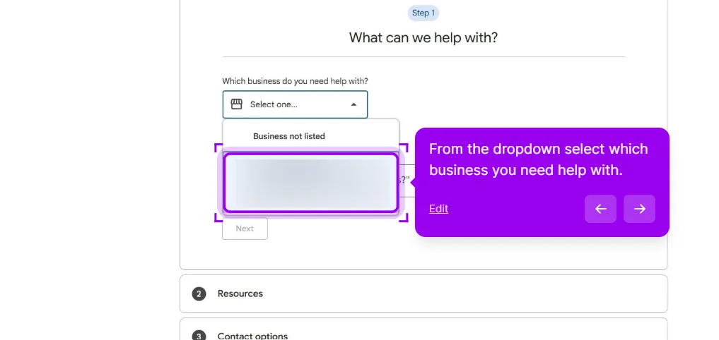 The Google Business Profile help form at Step 1, What can we help with, with the Which business do you need help with dropdown open and Business not listed above the profile entry