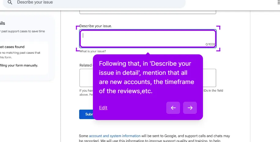 The Describe your issue free-text box on the support form, empty with a 0 of 1000 character counter, a Related field below it for case IDs, and a blue Submit button