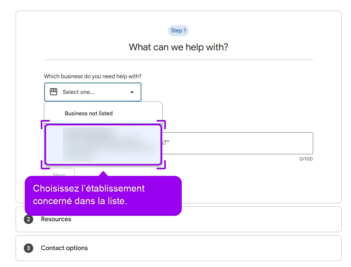 Formulaire d'aide Google (en anglais), liste des établissements ouverte pour signaler une attaque de faux avis