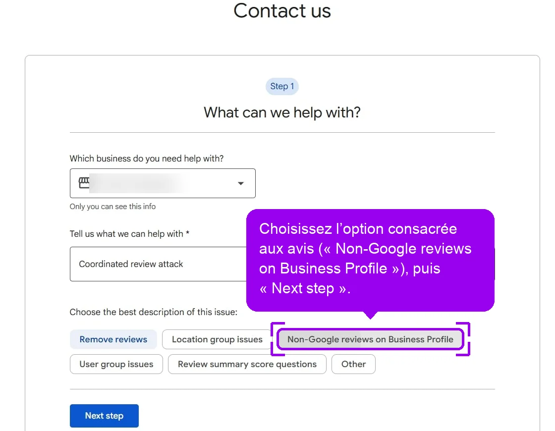 Formulaire d'aide Google (en anglais), option Non-Google reviews on Business Profile mise en évidence