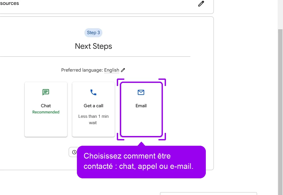 Formulaire d'aide Google (en anglais), options de contact chat, appel et e-mail