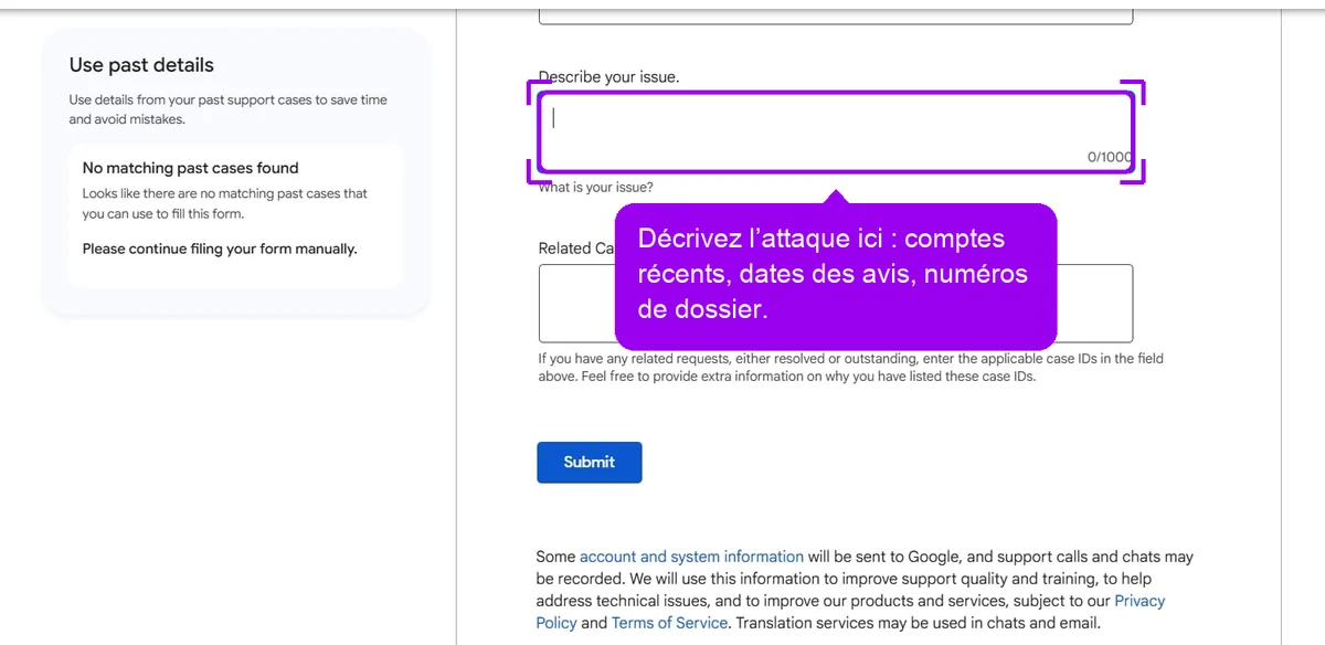 Formulaire d'aide Google (en anglais), champ de description de l'attaque de faux avis mis en évidence