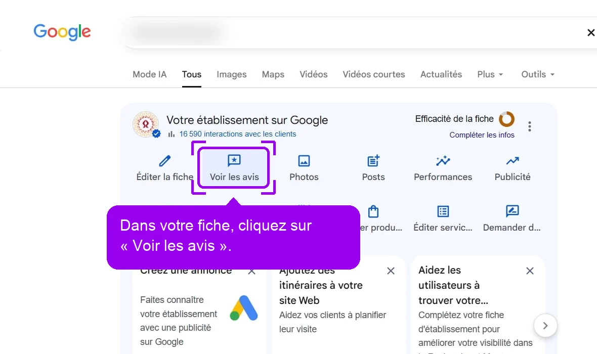Fiche d'établissement Google dans la recherche, bouton Voir les avis mis en évidence pour signaler un faux avis