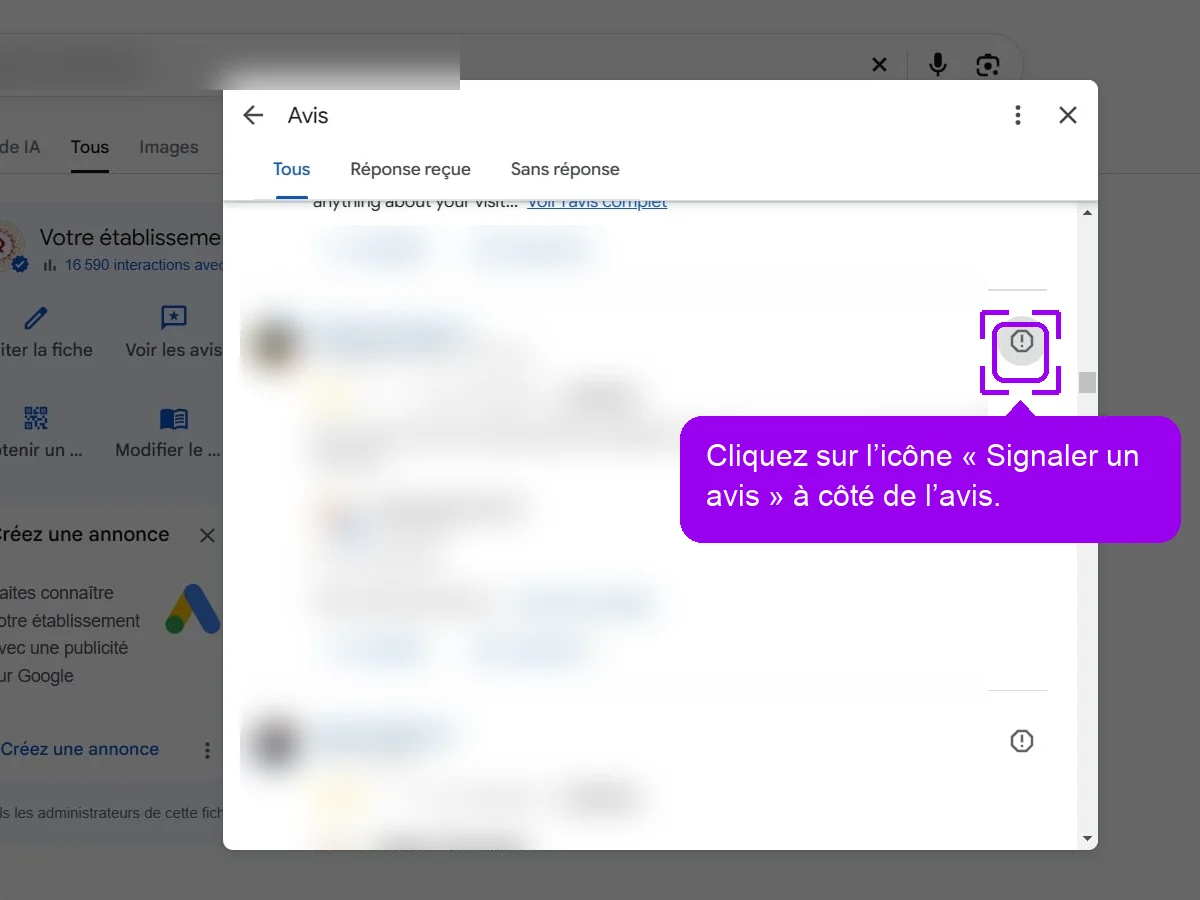 Liste des avis Google d'une fiche, icône Signaler un avis mise en évidence (noms et textes floutés)