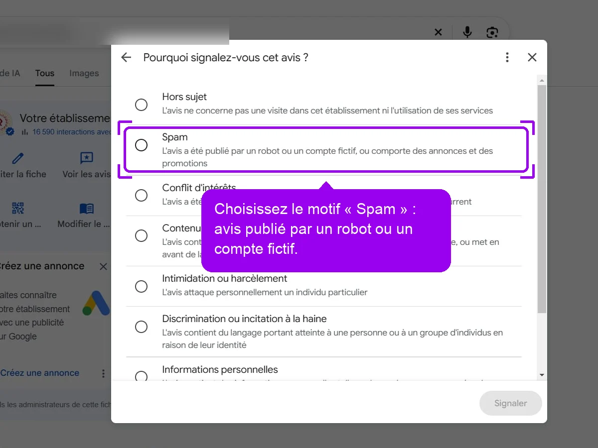 Fenêtre Pourquoi signalez-vous cet avis ?, motif Spam mis en évidence pour signaler un faux avis Google