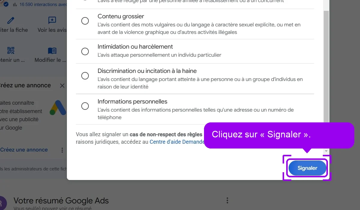 Bas de la fenêtre de signalement d'un avis Google, bouton Signaler mis en évidence