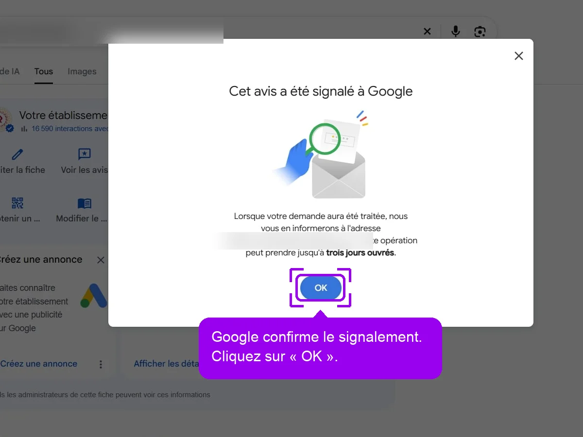 Confirmation Cet avis a été signalé à Google, bouton OK mis en évidence (adresse e-mail floutée)