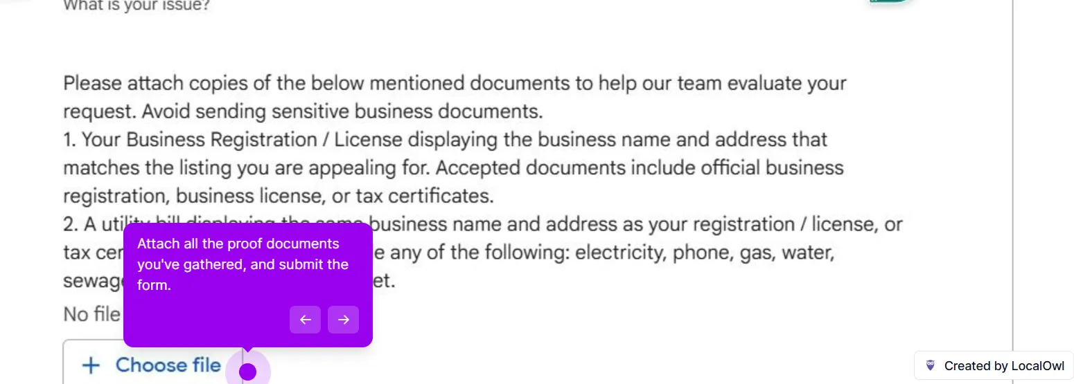 The document section of the support form asking for a business registration or licence that shows the business name and address matching the listing, such as an official registration, business licence or tax certificate, and a utility bill with the same name and address, above a Choose file button. A walkthrough callout says to attach all the proof documents you have gathered and submit the form.