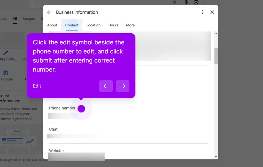 The Business information panel on the Contact tab, with the Phone number field marked and the Chat and Website fields blurred below it. A walkthrough callout says to click the edit symbol beside the phone number, enter the correct number and click submit.