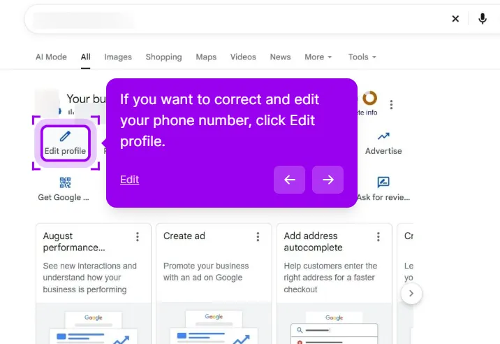 Google Search showing the owner’s Business Profile dashboard with the business name blurred, and the Edit profile button highlighted among the dashboard shortcuts above cards for performance, ads and address autocomplete. A walkthrough callout says to click Edit profile if you want to correct and edit your phone number.