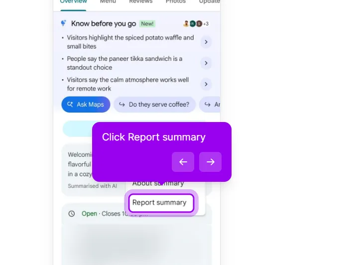 The three-dot menu open on the Summarised with AI card, showing About summary and Report summary, with Report summary highlighted and a callout saying Click Report summary.