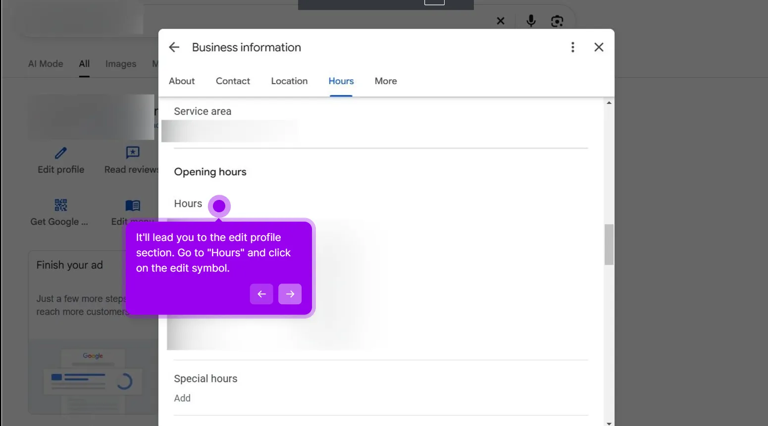 The Business information panel opened from Edit profile, with the Hours tab selected. Under Opening hours the Hours row has an edit control, and a walkthrough callout points at it saying to go to Hours and click the edit symbol. The business name and hours are blurred.