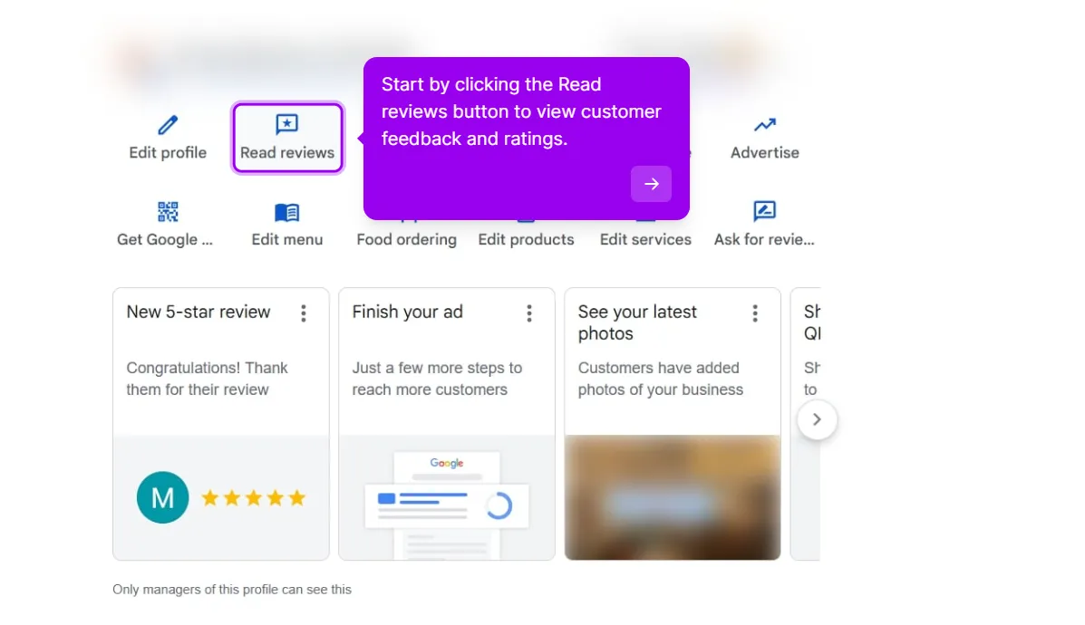 The owner shortcut row on a Google Business Profile in Search, with Edit profile, Read reviews, Advertise, Get Google, Edit menu, Food ordering, Edit products, Edit services and Ask for reviews, and the Read reviews button highlighted