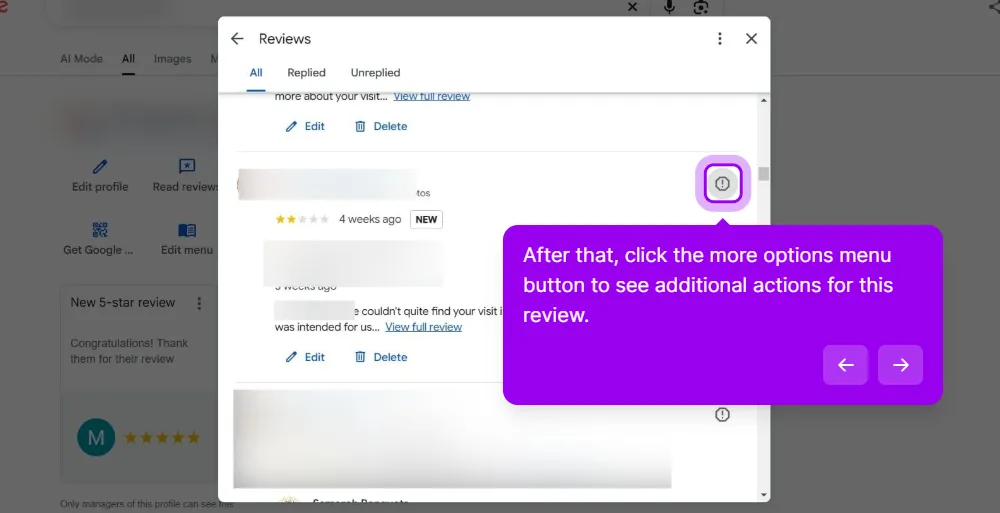 The Reviews panel open over Google Search, with All, Replied and Unreplied tabs, a two-star review from four weeks ago marked NEW, and the circular more options button beside that review highlighted