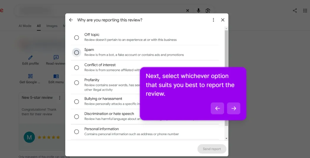 The Why are you reporting this review dialog with radio options for Off topic, Spam, Conflict of interest, Profanity, Bullying or harassment, Discrimination or hate speech and Personal information, and a greyed out Send report button