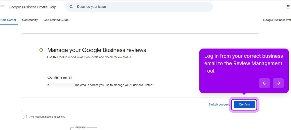 The Manage your Google Business reviews page in Google Business Profile Help, asking to confirm the email address used to manage the Business Profile, with Switch account and a highlighted Confirm button