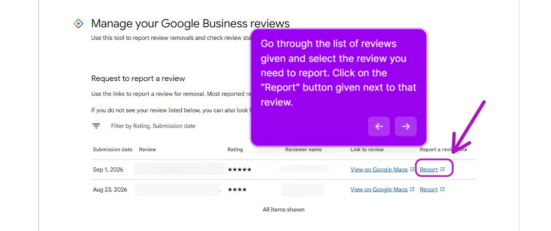The Request to report a review table listing two reviews by submission date with star ratings, blurred reviewer names, a View on Google Maps link and a Report link on each row, with the first Report link highlighted