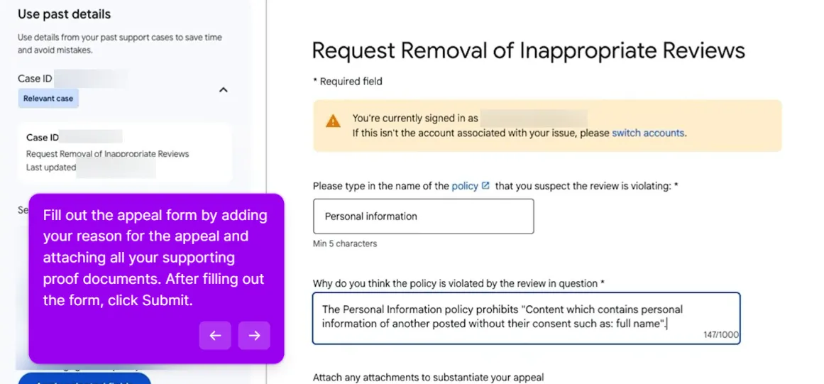 The Request Removal of Inappropriate Reviews appeal form with a past support case ID panel on the left, a field naming the policy filled in with Personal information, and a reason box quoting the policy wording about content containing personal information posted without consent