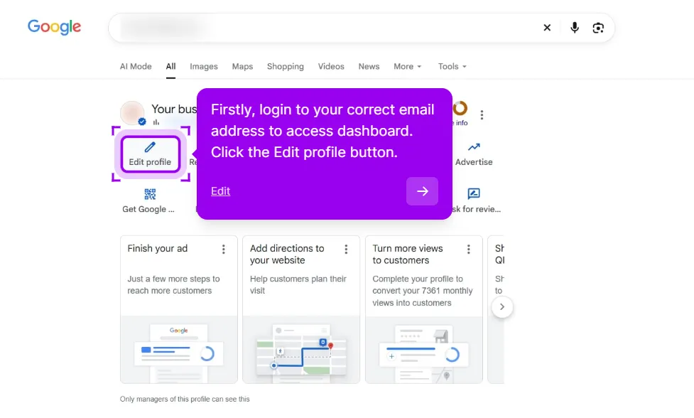 Google Business Profile owner dashboard in search results with the Edit profile button highlighted next to Read reviews and Get Google QR code