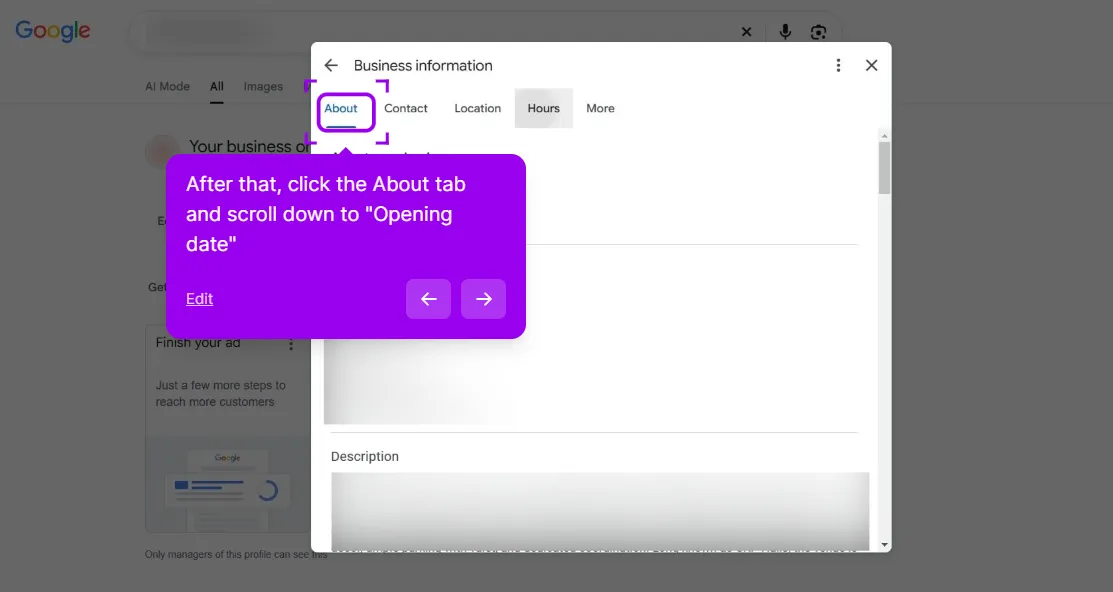 Business information panel with the tabs About, Contact, Location, Hours and More, and the About tab outlined