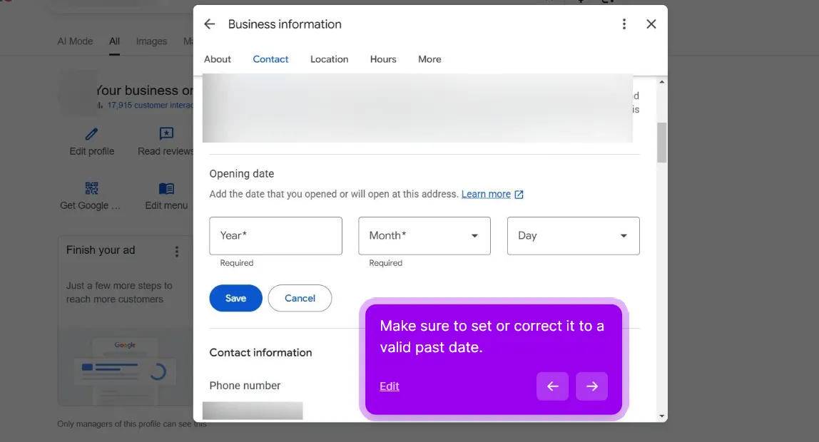 Opening date section of a Google Business Profile showing empty Year, Month and Day fields above Save and Cancel buttons