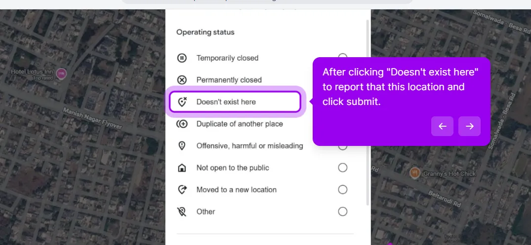 The Operating status list in Google Maps showing Temporarily closed, Permanently closed, Doesn’t exist here, Duplicate of another place, Offensive harmful or misleading, Not open to the public, Moved to a new location and Other, with Doesn’t exist here selected
