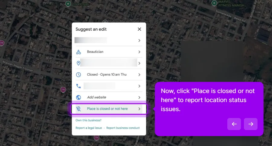 The Suggest an edit panel on Google Maps listing the editable fields, category Beautician, address, hours and phone number, with the Place is closed or not here row highlighted at the bottom