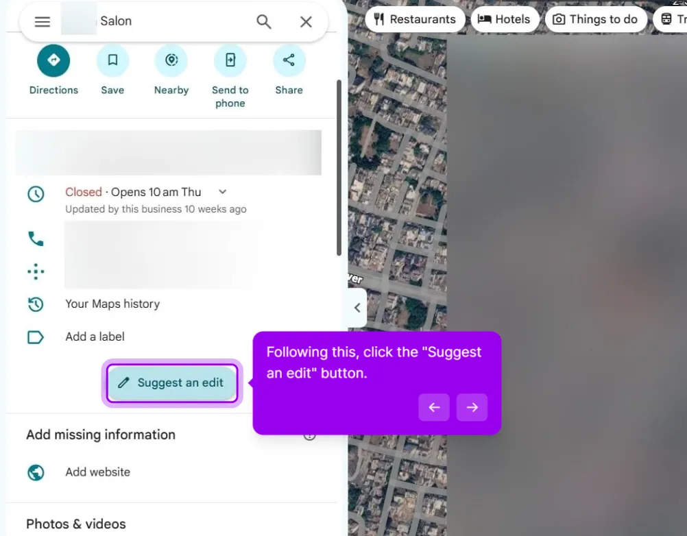 The Google Maps left panel for a salon listing with the Suggest an edit button highlighted below Your Maps history and Add a label, above the Add missing information section