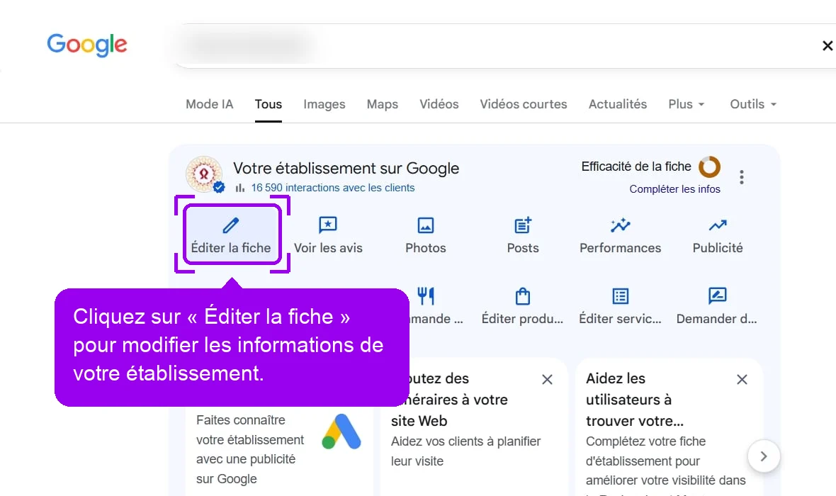 Fiche d'établissement Google dans la recherche, bouton Éditer la fiche mis en évidence (étape 1 pour fermer la fiche)