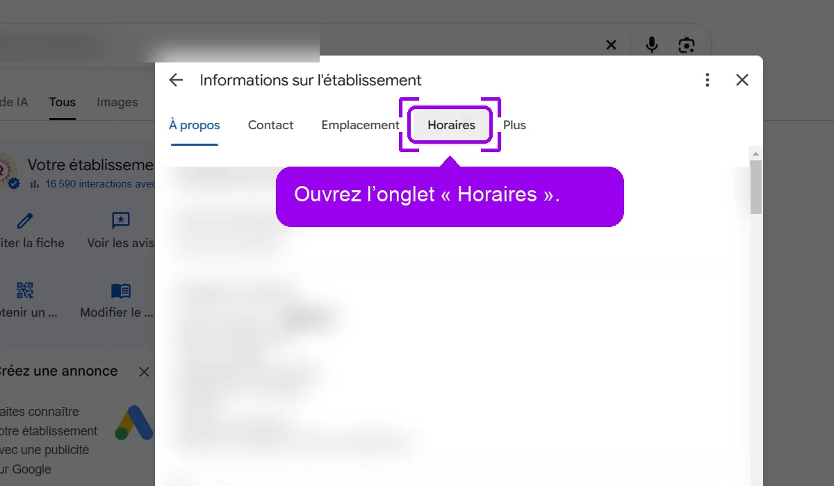 Fenêtre Informations sur l'établissement d'une fiche Google, onglet Horaires mis en évidence