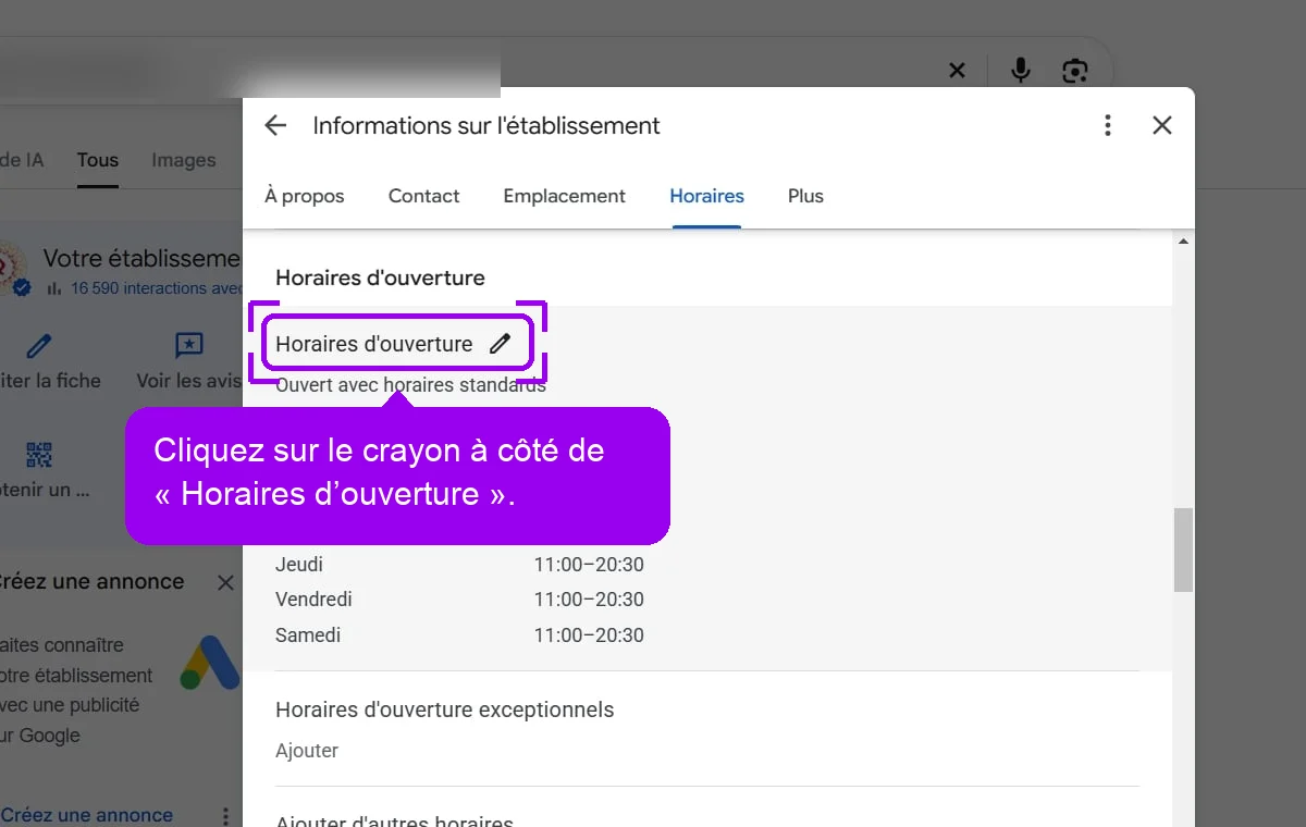 Onglet Horaires d'une fiche d'établissement Google, crayon de la ligne Horaires d'ouverture mis en évidence