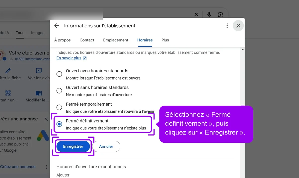 Statut Fermé définitivement sélectionné sur une fiche d'établissement Google, bouton Enregistrer mis en évidence