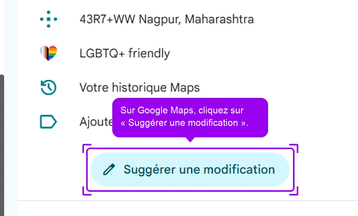 Fiche sur Google Maps, bouton Suggérer une modification mis en évidence pour demander la suppression