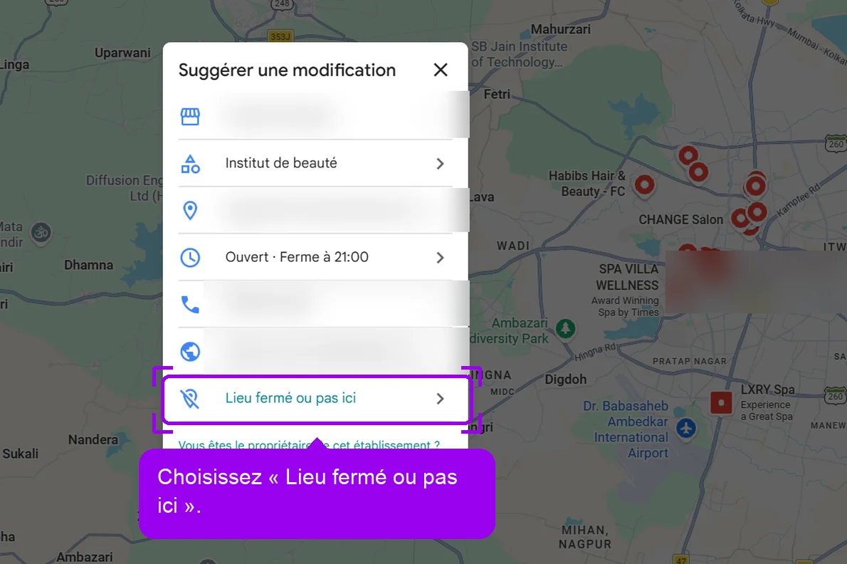 Fenêtre Suggérer une modification de Google Maps, option Lieu fermé ou pas ici mise en évidence