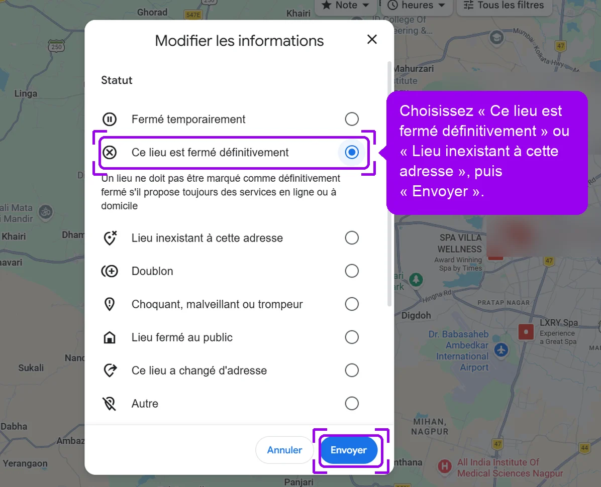 Google Maps, statut Ce lieu est fermé définitivement sélectionné et bouton Envoyer pour supprimer la fiche